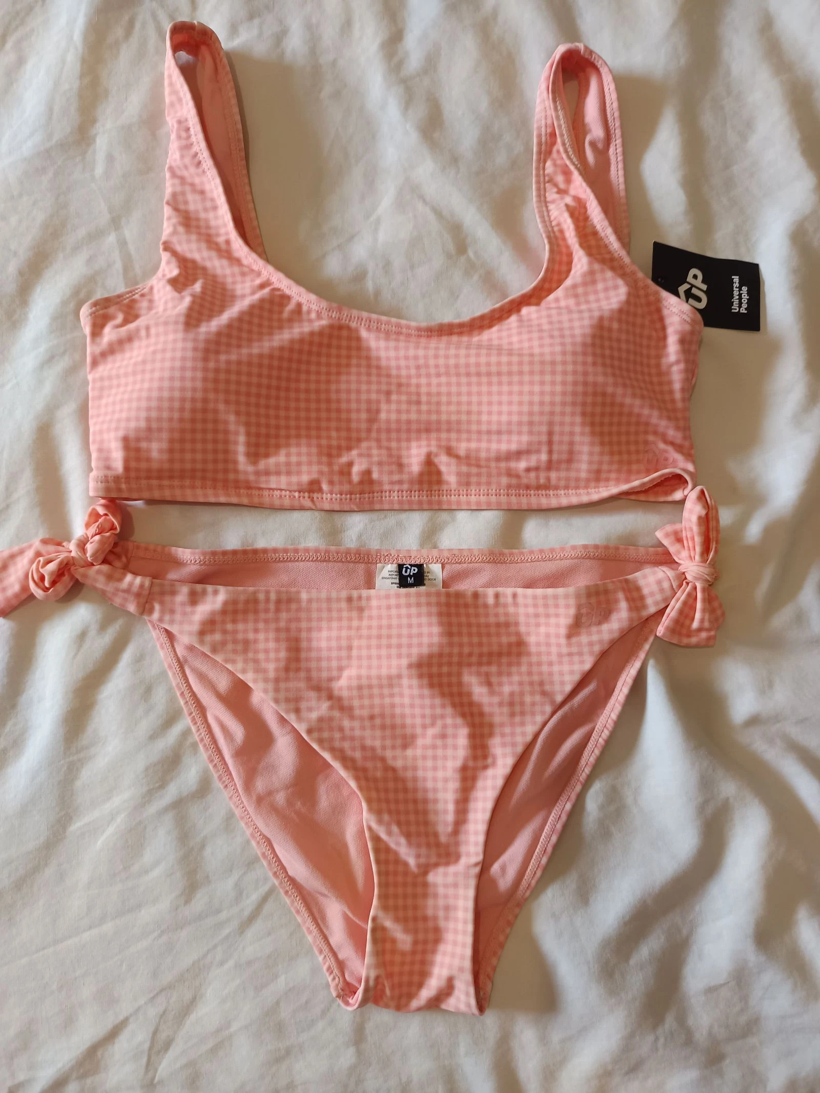 Bikini de dos piezas estilo Coquette / Y2K en estampado Cuadro Vichy Blanco y coral/rosita clarito